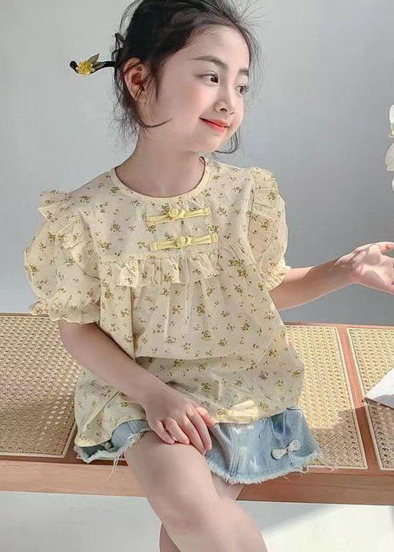 Handmade Yellow O-Neck Print Button Girls Shirts Summer