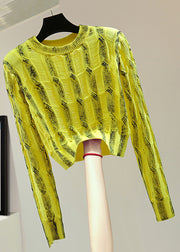 Handmade Yellow O-Neck Striped Patchwork Knit Sweater Spring