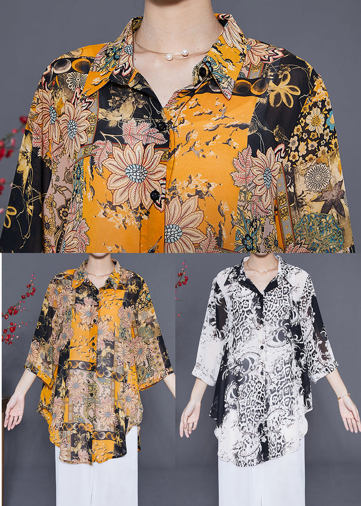 Handmade Yellow Oversized Print Chiffon Shirts Summer