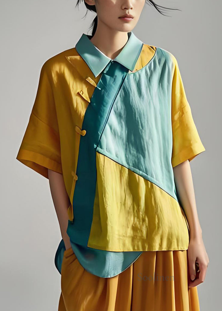 Handmade Yellow Peter Pan Collar Patchwork Cotton Top Summer