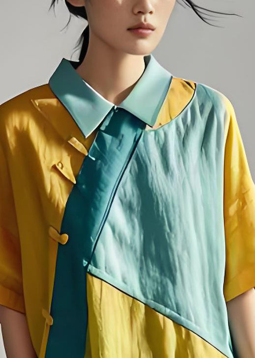 Handmade Yellow Peter Pan Collar Patchwork Cotton Top Summer