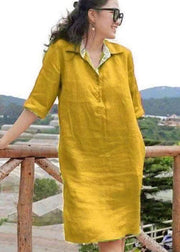 Handmade Yellow Peter Pan Collar Patchwork Vacation Mid Dresses Summer