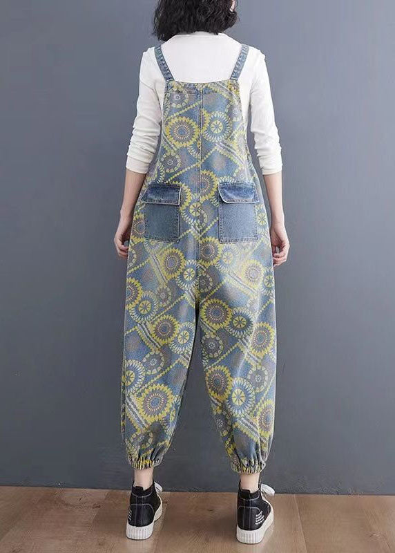 Handmade Yellow Print Denim Spaghetti Strap Jumpsuits Spring