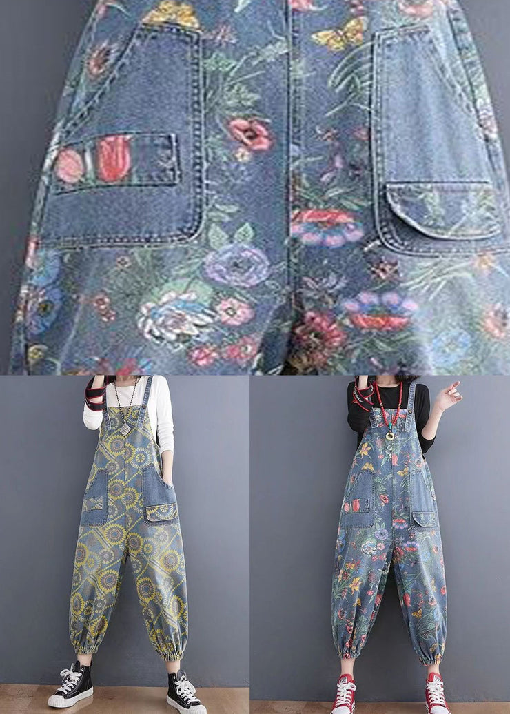 Handmade Yellow Print Denim Spaghetti Strap Jumpsuits Spring