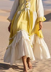 Handmade Yellow Ruffled Patchwork Cotton Long Dress Fall