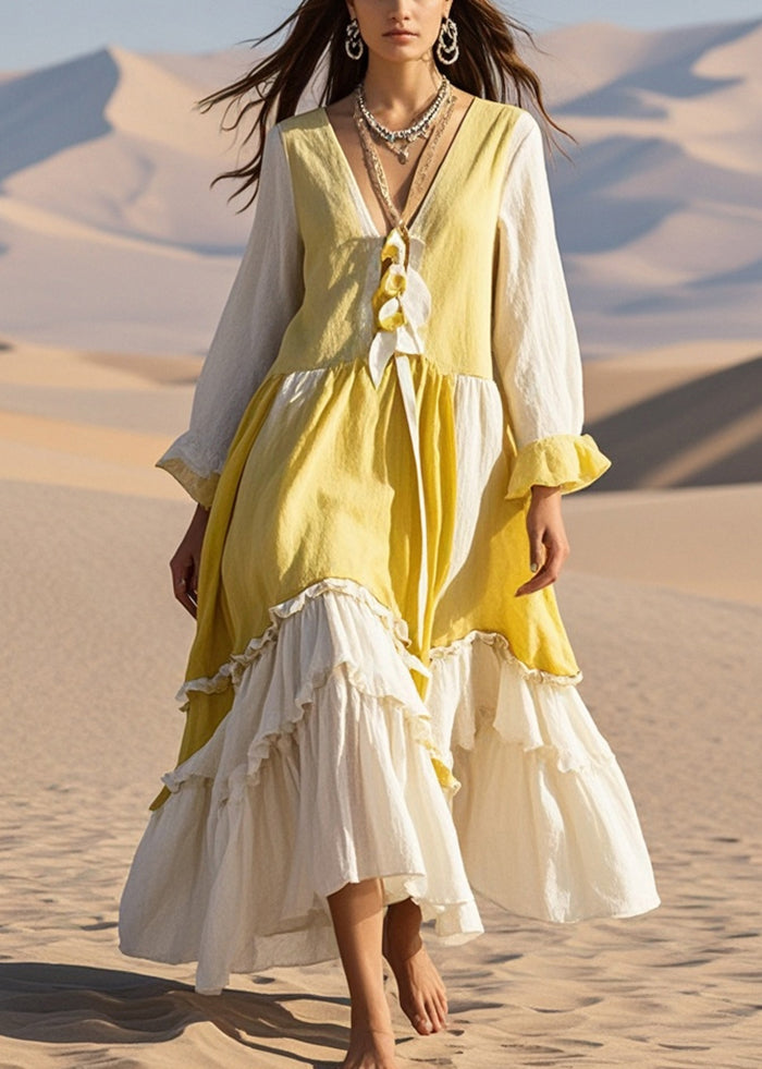 Handmade Yellow Ruffled Patchwork Cotton Long Dress Fall