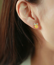 Handmade Yellow Sterling Silver Overgild Zircon Beeswax Bow Drop Earrings