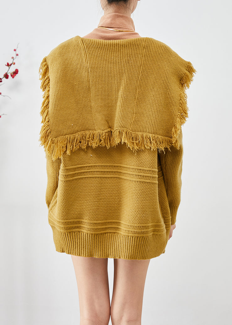 Handmade Yellow Tasseled Knit Cardigan Winter