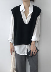 Handmade Yellow U Neck Low High Design Cozy Cotton Knit Waistcoat Sleeve