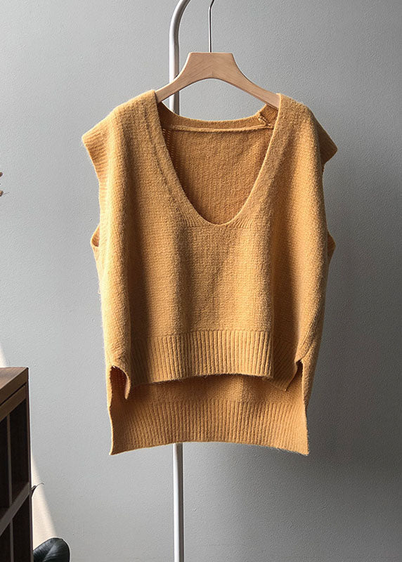 Handmade Yellow U Neck Low High Design Cozy Cotton Knit Waistcoat Sleeve