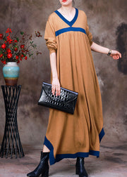 Handmade Yellow V Neck Patchwork Wool Knit Dress Long Sleeve