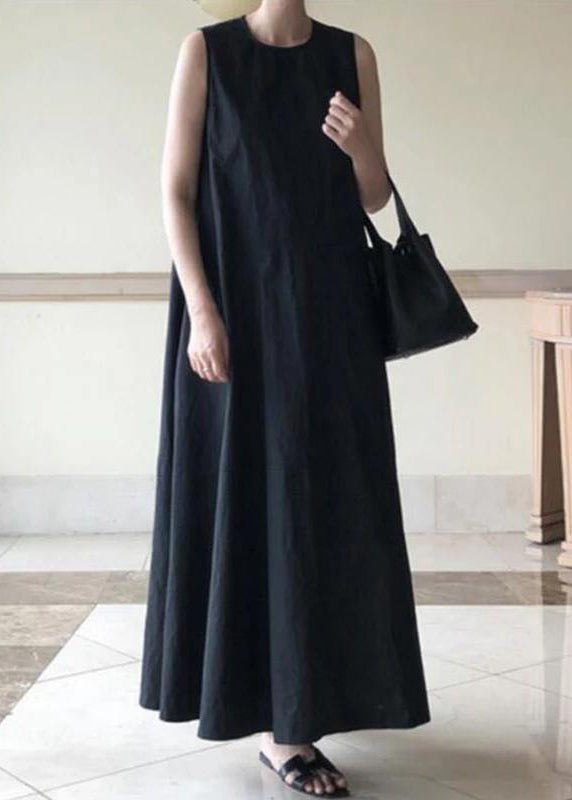Handgefertigte schwarze Leinenkleider mit O-Ausschnitt, ärmellose Sommerkleider aus Baumwolle