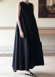 Handgefertigte schwarze Leinenkleider mit O-Ausschnitt, ärmellose Sommerkleider aus Baumwolle