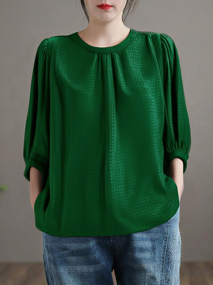 Grace Green Puff Sleeve Jacquard Button Chiffon Shirt Tops Summer