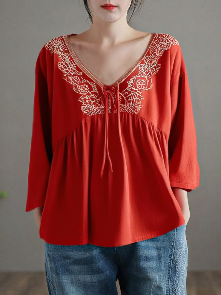 Grace Red V Neck Embroideried Lace Up Wrinkled Patchwork Linen Tops Short Sleeve