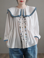 Grace White Peter Pan Collar Ruffled Linen Blouse Top Spring