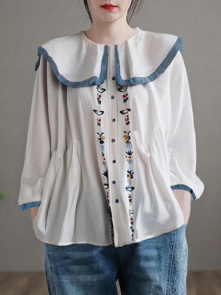 Grace White Peter Pan Collar Ruffled Linen Blouse Top Spring