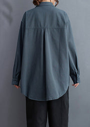 Haze Blue Button Cotton Blouse Peter Pan Collar Fall