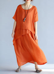 baggy red-geometry long linen dresses oversized layered cotton maxi dress vintage short sleeve cotton clothing