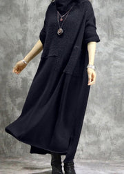 High Neck Grey Plush Panel Long Sleeved Dress Spring