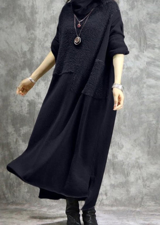 High Neck Grey Plush Panel Long Sleeved Dress Spring