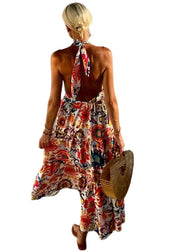 Holiday Style Backless Print Cotton Halter Dress Sleeveless