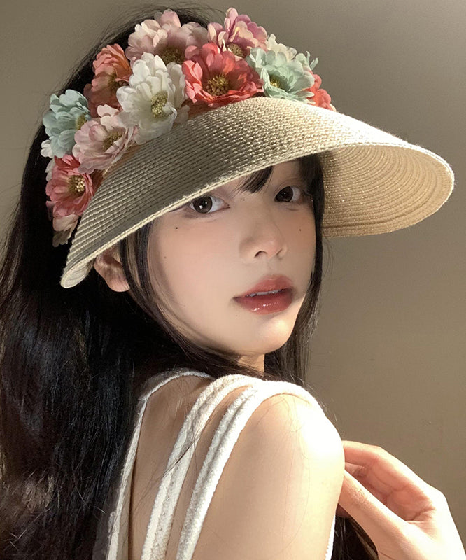 Holiday Style Beige Floral Straw Woven Floppy Sun Hat