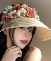 Holiday Style Beige Floral Straw Woven Floppy Sun Hat