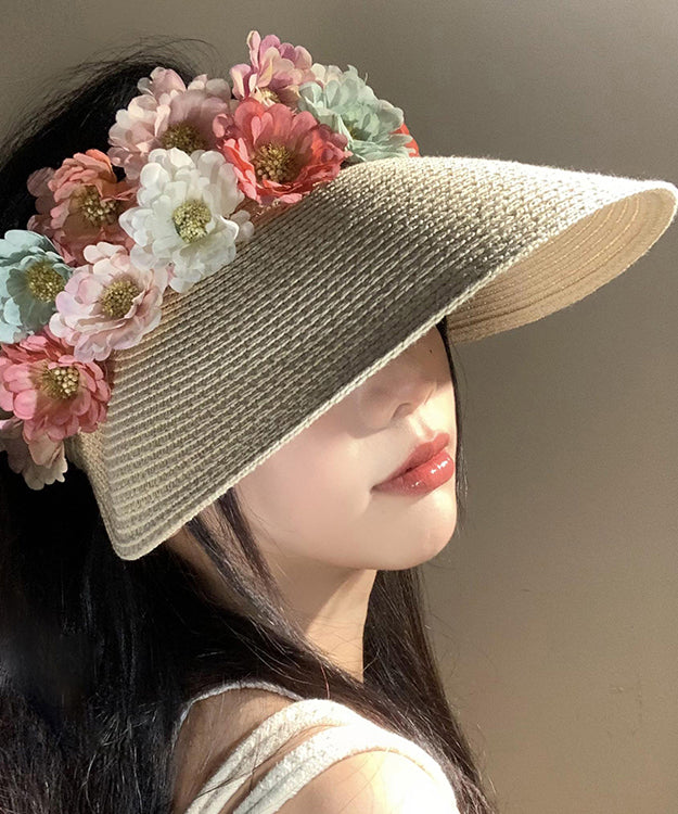 Holiday Style Beige Floral Straw Woven Floppy Sun Hat