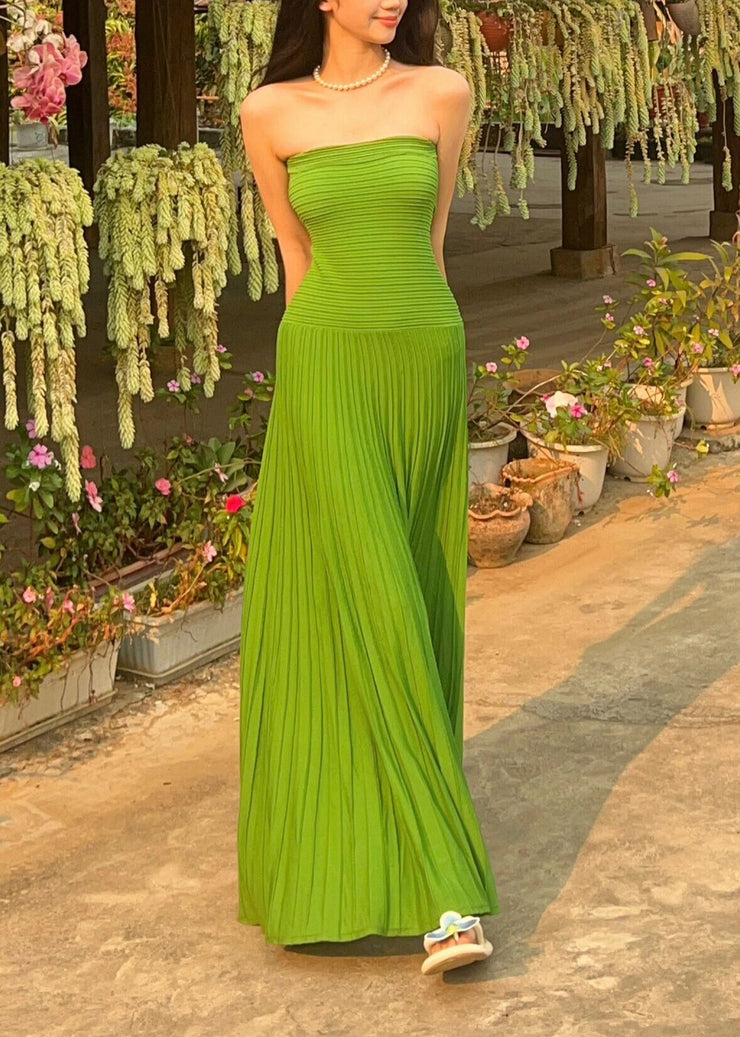 Holiday Style Green Strapless Ice Silk Waist Cinching Dress Summer