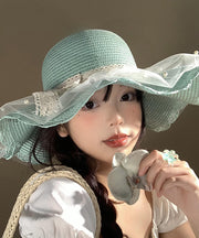 Holiday Style Light Green Tulle Nail Bead Straw Woven Floppy Sun Hat