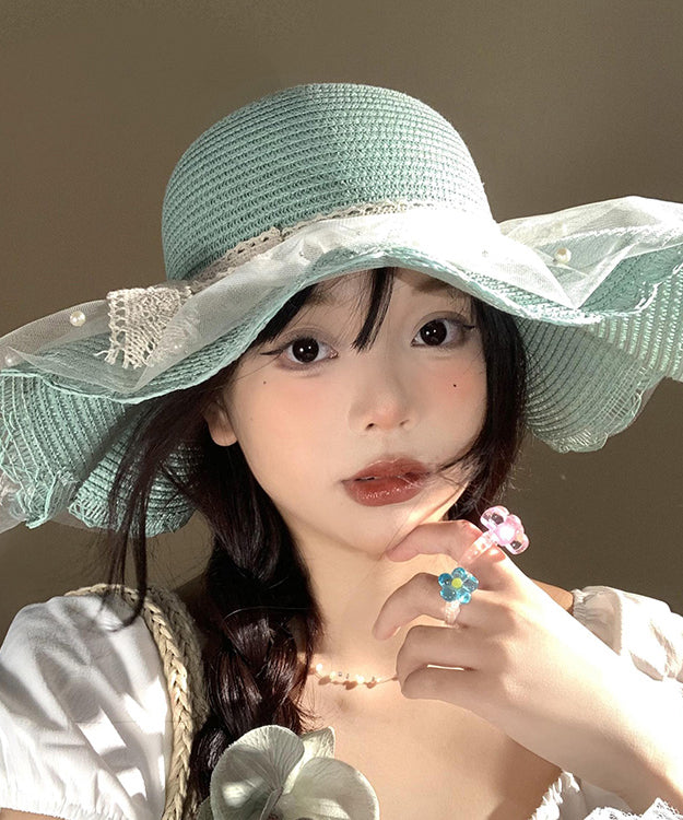 Holiday Style Light Green Tulle Nail Bead Straw Woven Floppy Sun Hat