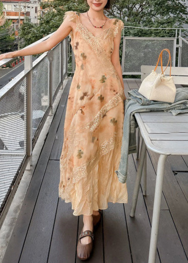 Holiday Style Orange Print V Neck Lace Patchwork Cotton Dresses Summer