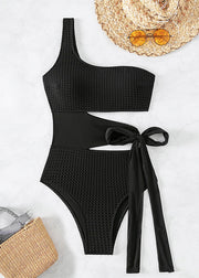 Hot Black Cold Shoulder Tie Waist Swimwear Bodysuit