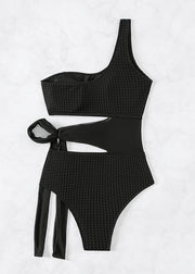 Hot Black Cold Shoulder Tie Waist Swimwear Bodysuit