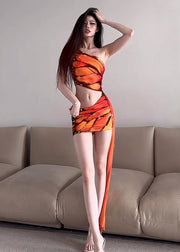 Hot Style Orange Print Asymmetrical Slim Fit One Shoulder Dress