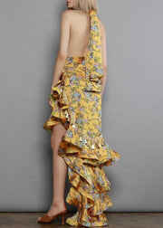 Irregular European and American Ruffled Edge Print Hanging Neck Backless Dress