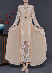 Italian Apricot Exra Large Hem Lace Patchwork Chiffon Party Dress Spring