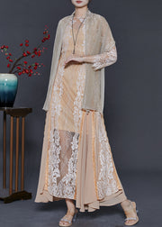 Italian Apricot Exra Large Hem Lace Patchwork Chiffon Party Dress Spring