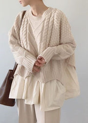 Italian Apricot O Neck False Two Pieces Cable Knit Sweaters Spring