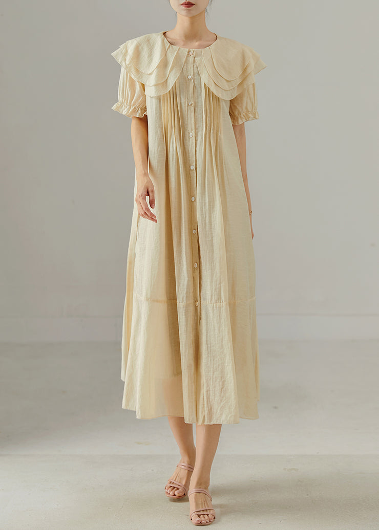 Italian Apricot Peter Pan Collar Wrinkled Cotton Shirt Dresses Summer