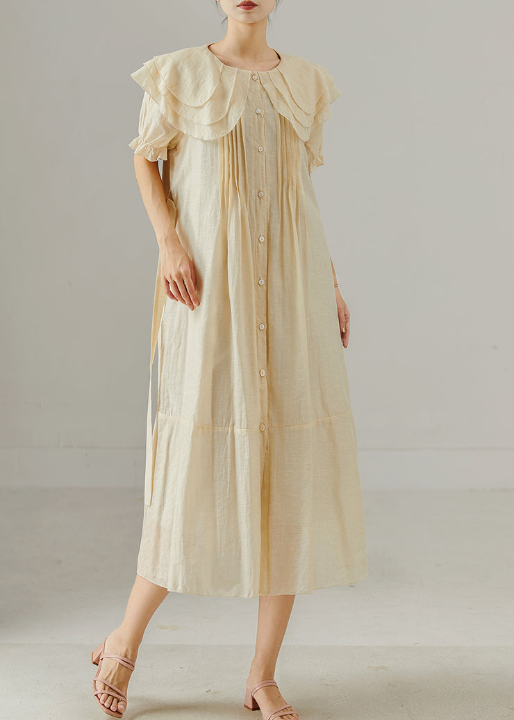 Italian Apricot Peter Pan Collar Wrinkled Cotton Shirt Dresses Summer