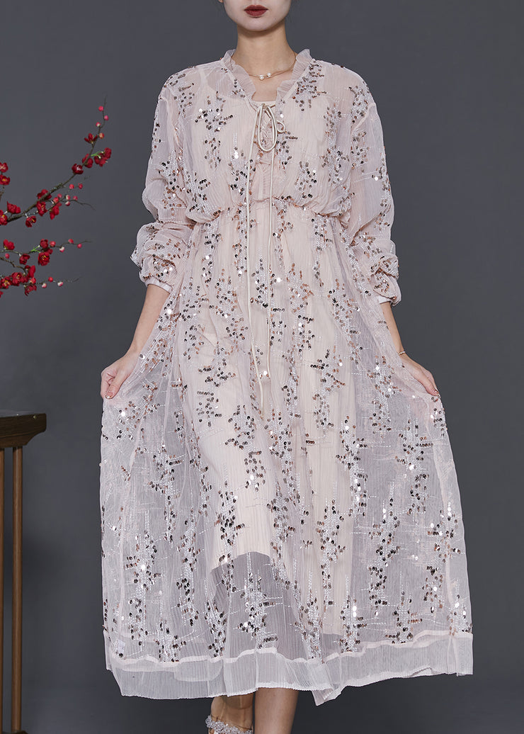 Italian Apricot Ruffled Sequins Tulle Maxi Dress Spring