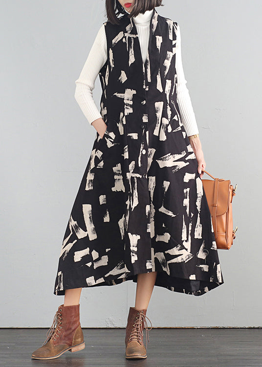 Italian Apricot Stand Collar Print Cotton Long Dresses Fall