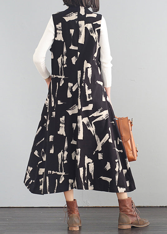 Italian Apricot Stand Collar Print Cotton Long Dresses Fall