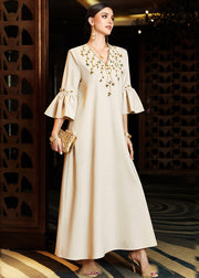 Italian Apricot V Neck Embroideried Long Dresses Flare Sleeve