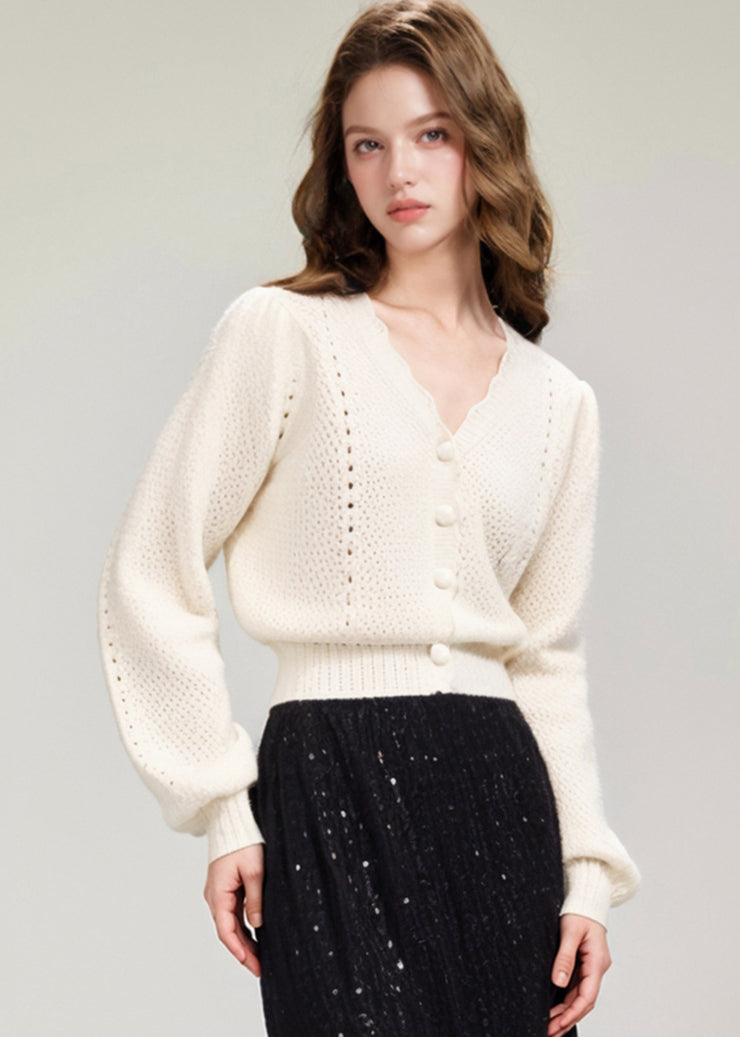 Italian Apricot V Neck Hollow Out Knitted Tops Fall