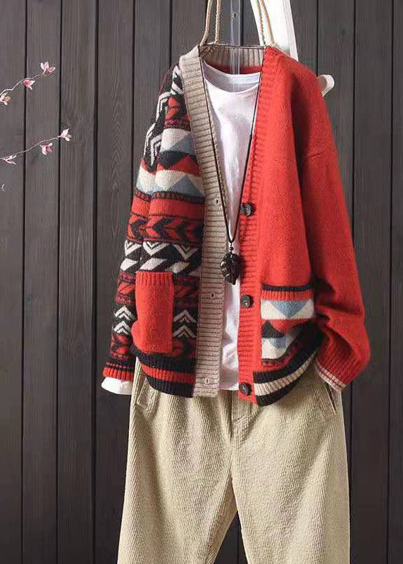 Italian Apricot V Neck Print Pockets Knit Cardigans Winter