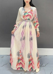 Italian Apricot V Neck Print Wrinkled Long Dress Spring