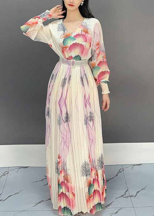 Italian Apricot V Neck Print Wrinkled Long Dress Spring